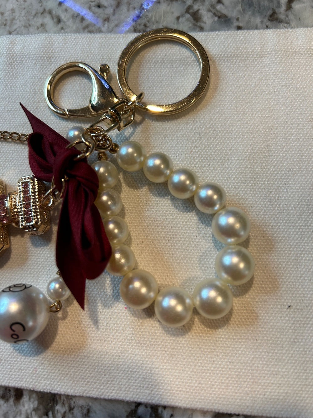 Pearl Bead Key & Card Holder with Burgundy Bow and Gold Hardware - Picture 4 of 5
